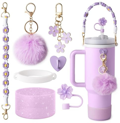 Winmany Lot de 7 accessoires pour tasse Stanley avec dragonne, dragonne, paille, couverture, bouteille, pompon, pendentif, compatible avec les gobelets Stanley de 1,2 l