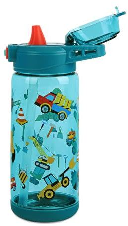 Queenshin Botella Agua Niños Con Pajita,Sin BPA,600ML Vehículo De Ingeniería Azul Claro Sin Fugas,Robusta y Duradera,Cerradura De Seguridad,Portátil Para La Escuela, Deportes, Viajes