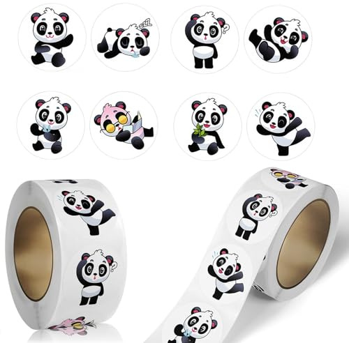 Dzxin Panda Aufkleber, Niedliche Cartoon Aufkleber Rollen, Selbstklebende Aufkleber für Kinder, Mädchen, Jungen und Teenager zur Dekoration für Wasserflaschen, Laptops, Scrapbooks, Karten(500 Stück)