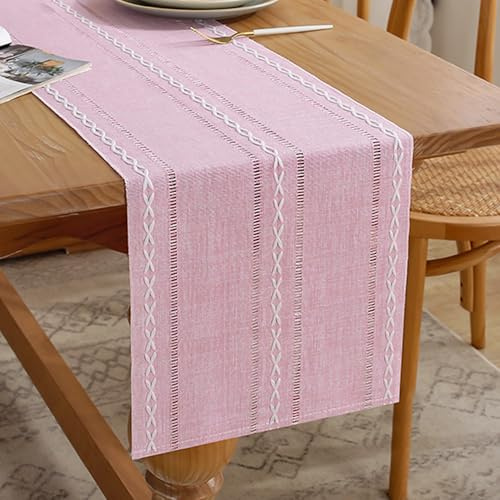 Tischläufer Frühling Modern 33 x 120 Rosa Tischläufer Abwaschbar Landhausstil Makramee Baumwollflachs Häkelspitze Mesh Küche Tisch Dekoration für Esszimmer Party Geburtstag Hochzeit Urlaub