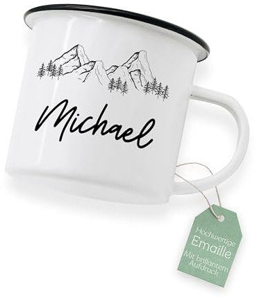 ABENTEUERNAH Tasse Fahrrad, Kaffeetasse Camper, Outdoortasse Angler, Emailletasse Mann, Fahrradgeschenk, Vatertag Geschenk, Becher, Outdoor Flasche personalisiert (Name Berge)