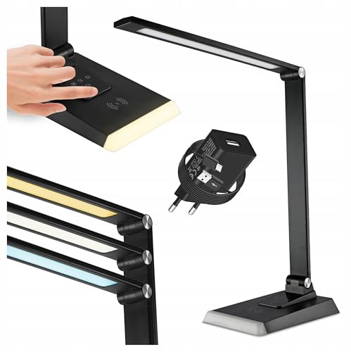 Schreibtischlampe LED Dimmbar, 350 Lumen Rechteckiger Leuchtenkopf für Homeoffice, Augenschutz Büro Tischlampe, Schwarz mit 5 Farbtemperatur-Helligkeitsstufen, Timer, Induktion (Induktion)