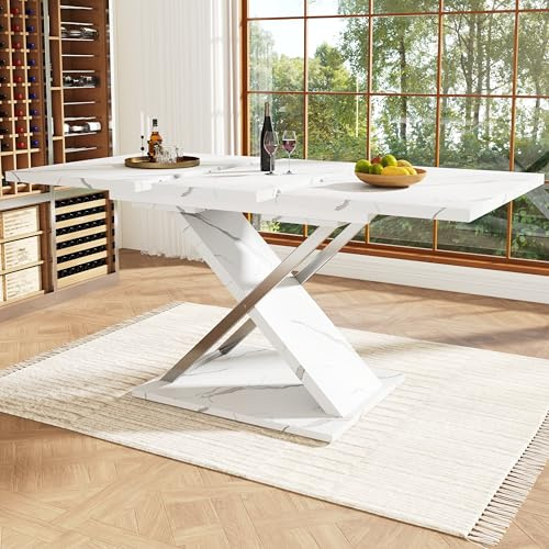 Table à Manger Extensible 118-157×75cm pour 6-8 Personnes avec Pieds croisés, Table de Petit-déjeuner rectangulaire, Plateau Effet marbre pour Cuisine, Salle à Manger, Salon