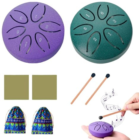 2er Set Regentrommel: 3 Zoll 6 Töne C-Key Zungentrommel Steel Tongue Drum mit Stofftasche, Musikbuch und Schlägel, Handpan Drum Percussion Instrument für Musikunterricht oder Geschenk (grün und lila)