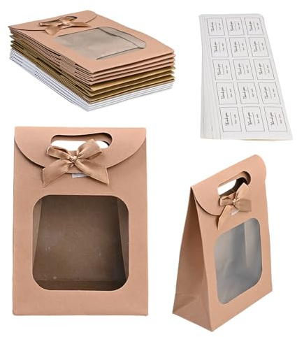 12 Stück Geschenktüte mit Fenster, braun/weiß/golden papiertüten mit fenster, Papiertüten mit Henkel, Einen Aufkleber für Einkaufen, Hochzeiten, Verpackungen, Geburtstag, Weihnachten (14 x 7 x 20 cm)