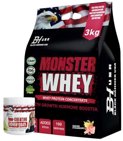 Black Hammer USA Monster Whey – Protein Konzentrat, 3 kg Megapack (100 Portionen), 26,1 g Eiweiß pro Portion, mit Stevia, Shake für Muskelaufbau & Regeneration (3 kg, Banane-Erdbeere)