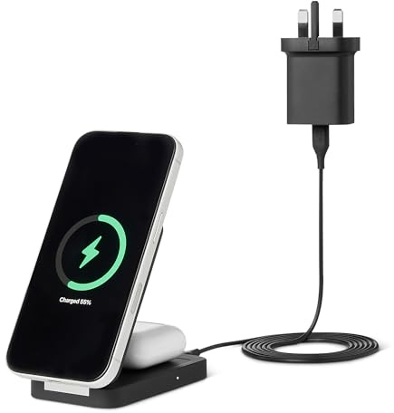 Amazon Basics 25W Qi2.2 Certified Wireless Charging Station, MagSafe Compatible, Foldable 2-in-1 Charger for iPhone 17/16/15/14/13/12, AirPods, with 45W Adapter, Black