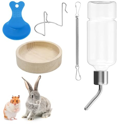 Non-Drip Rabbit Water Bottle, Small Pet Water Dispenser with Feeding Spoon & Food Bowl, Water Bottle for Rabbit, Guinea Pig, Hamster, Chinchilla