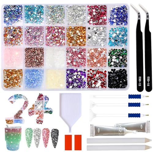 32000 PCS Bedazzling Kit, 24 Color Nail Gems for Nail Art 3mm, Tweezers, Pen, 2 Pcs Adhesives and 10 Pcs Diamond Painting Tools, Rhinestones for Crafting for DIY Crafts, Clothing,Mugs and Face Makeup