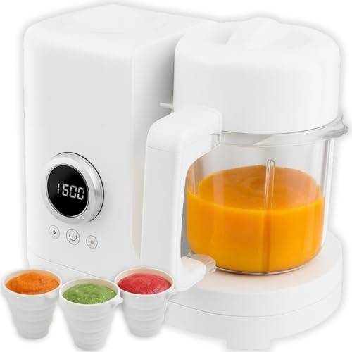 Delugo® Baby Food Maker, 6-in-1 Babybrei Zubereiter & Dampfgargerät, Mixen, Pürieren, Stomen, Erwärmen, Auftauen & Sterilisieren, 300 ml Edelstahl-Mixbehälter, inkl. 2 Aufbewahrungsbechern, BPA-frei