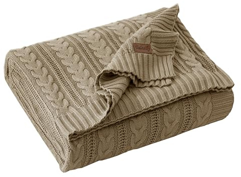 Talasily Strickdecke 150x200cm 100% Baumwolle Oeko-TEX, leichte Ganzjahresdecke Zopfmuster, atmungsaktiv weich für Frühling Sommer Herbst, Tagesdecke für Bett & Sofa, Wohnaccessoire Dunkelkhaki