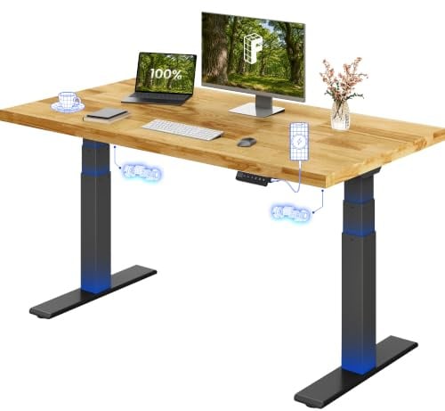 FLEXISPOT Höhenverstellbarer Schreibtisch Eichen-Massivholzplatte 140x80cm | mit Doppelmotor, hohe Tragkraft, großer Verstellbereich&27 mm einteiliger Tischplatte, Elektrischer Schreibtisch E200