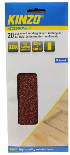 Kinzo 72174 - Set fogli di carta abrasiva per legno 93 x 230 mm, grana 40/60/80/120, 20 pezzi