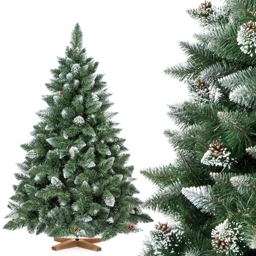 FairyTrees Pino Verde Natural Cubierto de Nieve, Árbol de Navidad Artificial, PVC, con piñas Naturales, Soporte de Madera, 150cm