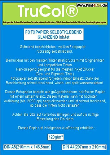 100x Premium Highglossy Fotopapier selbstklebend Klebepapier DIN A5 hochglänzend wasserfest 120g /m² vollflächig klebend bis 19200 DPI lichtecht