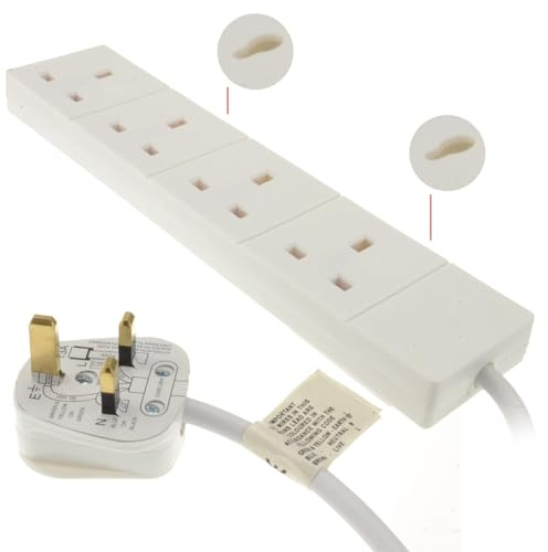 kenable 4 Gang Way UK 13A Trailing Socket Mains Power Extension Lead White 2m [2 metres]