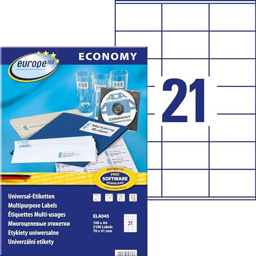 Europe100 Art. ELA045 Adressaufkleber (2.100 Klebeetiketten, 70x41mm auf A4, Papier matt, individuell bedruckbar, selbstklebende Adressetiketten, kompatibel zu AVERY 3481) 100 Blatt, weiß
