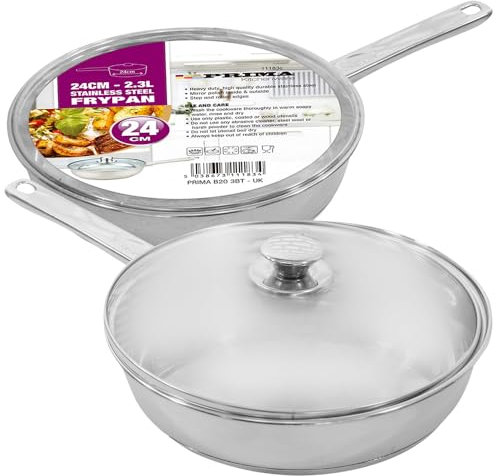 BARGAINS-GALORE 24Cm Frypan with Glass Lid - Durable Stainless Steel Construction, Kitchen, Cooking, Frying Pan, Handle | Versatile, Ideal for Home, Kitchen, Restaraunts, Takeaways