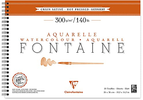 Clairefontaine - Ref 96353C - Fontaine Hot Pressed Watercolour Wirebound Pad (12 Sheets) - 26 x 36cm Size, 300gsm Paper - Suitable for Watercolour Artwork