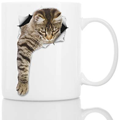 Cute Reaching Tabby Cat Coffee Mug - Ceramic Funny Coffee Mug - Perfect Cat Lover Gift - Novelty Coffee Mug Present - Great Birthday or Christmas Surprise for Friend or Coworker, Men and Women (11oz)
