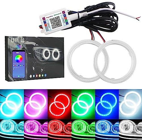 Qasim 1 Par de LED COB Faros Halo Anillo Ojo de ángel Angel Eyes Universal para Moto Faro Lámpara de Advertencia DRL con Cubierta Control de Móviles Bluetooth DC12V 60MM 60SMD