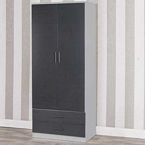 URBNLIVING Tall Wooden 2 Door Wardrobe With 2 Drawers Bedroom Storage Hanging Bar Clothes (Grey Carcass + Black Drawers)