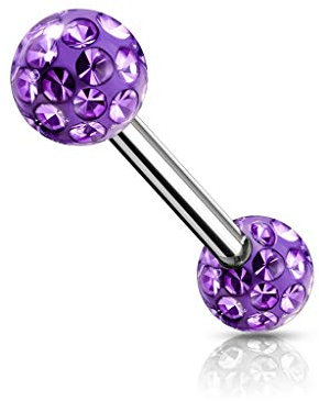 beyoutifulthings Brustwarzen-Piercing 2 Pavé Kristall-Kugeln 5mm Brust-Piercing Nippel-Piercing Chirurgenstahl Silber Lila Stab 1,6/12mm