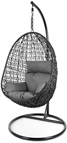 Kideo Komplettset: Hängesessel mit Gestell & Kissen, Poly-Rattan, Schaukel, Lounge (Gestell- und Korbfarbe: schwarz, Kissen: grau Nest (8999 Shadow))