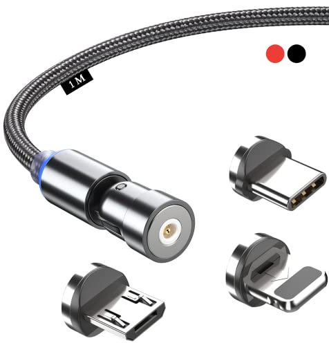 Magnetic Charging Cable 3 in 1 Magnet USB Cable 360 ° + 180 ° Rotating Charging Cable 2.4A Nylon Braided Magnetic Cable Compatible with Micro USB,Type C/USB C,Phone,Smartphone Tablet Devices - 1M