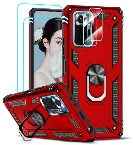 LeYi Schutzhülle für Xiaomi Redmi Note 10 Pro/Note 10 Pro Max mit 2 Hartglass und 2 Kameraschutzen, militärisch, stoßfest, Hartschale, Ringhalterung, Rot