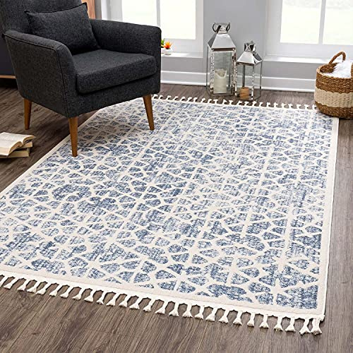carpet city Teppich Wohnzimmer Blau - 200x290 cm - Geometrisch Scandi-Stil - Kurzflor Teppiche Modern - Fransenteppich Tricolor Soft&Weich - Flachflor Schlafzimmer