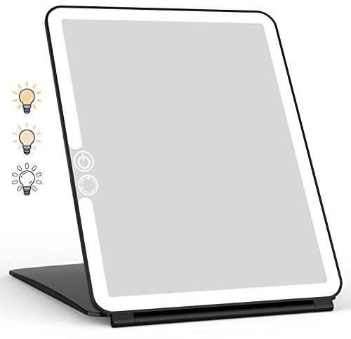 WEILY Schminkspiegel mit Beleuchtung, Kosmetikspiegel DREI Farben Einstellbarer Led Kosmetikspiegel, 2000 mAh USB Aufladbarer Beleuchteter Tischspiegel, Make up Spiegel für Reisen (Schwarz)