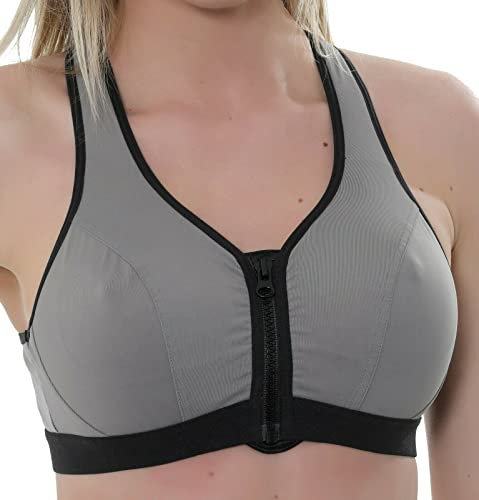 Gemm Womens Plus Size Medium Sports Bra High Impact Non Wired Zip Front Fastening UK Grey