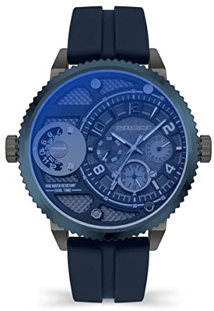 POLICE Ray Schwarzes Zifferblatt Blaues Silikonarmband Analoguhr für Herren, 44mm