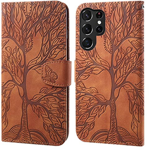 Aisenth Handyhülle für Samsung Galaxy S22 Ultra 5G, Baum Muster Leder Handytasche Brieftasche Klapphülle Etui Wallet Flip Case Schutz Hülle mit Kartenfächer, Aufstellfunktion -Braun