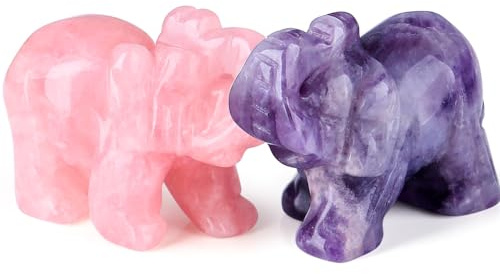 DUQGUHO Elefanten-Geschenke für Frauen, Kristalle, Dekoration, Rosenquarz, Amethyst, Kristall, Elefantenstatue, Rosa, Lila, niedliches Elefant-Kristall-Set, Büro, Zimmer, Schreibtischdekoration,