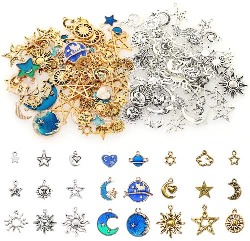 BetterJonny 130 Pièces Breloques Charms, Étoile Lune Soleil Pendentifs Artisanaux Accessoires Tibétain en Métal Émail Charmes Pendentifs pour Bracelet Collier Fabrication et Artisanat,Argent et bleu