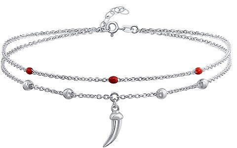 Bling Jewelry Bracelet De Cheville Boho Amulette Dent Cornicello Corne Italienne Double Chaîne Piment Cheville Perle Rouge Pour Femmes Ados .925 Argent Sterling 9-10 Inch Ajustable
