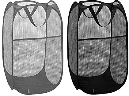 2er-Pack Pop-Up-Wäschekörbe, Faltbarer Wäschekorb aus Mesh mit verstärkten Tragegriffen, Faltbare Pop-Up-Wäschekörbe für Kinderzimmer, Studentenwohnheim oder Reisen (Schwarz+Grau)