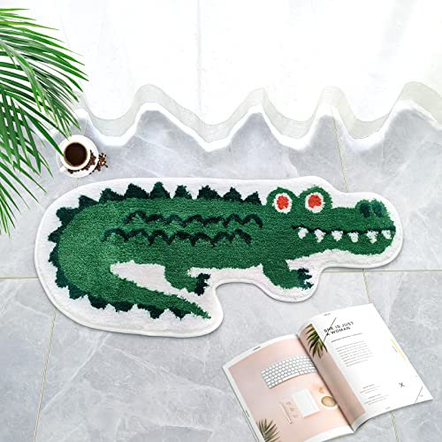 Krokodilförmige Badematte für Badezimmer, niedlicher Tier-Badezimmerteppich, rutschfeste Fußmatte, Cartoon-Alligator, Badezimmer, Duschteppich, saugfähiger Badematte, Spielzimmerteppich, 100x45 cm