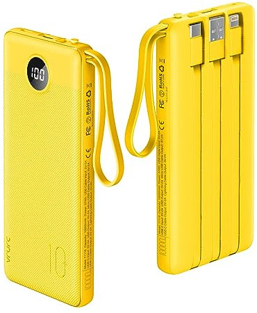 VRURC 10000mAh Power Bank With Built in Cables,USB C Battery Pack Portable Charger with 5 Outputs 2 Inputs Powerbank LED Display compatible with iPhone 14 13 12 Samsung S21 S20 Xiaomi iPad