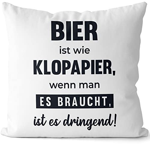 JUNIWORDS Kissen, Bier ist wie Klopapier, wenn Man es braucht, ist es dringend!, Weiß-Hellblau, 2-farbig (1009861)