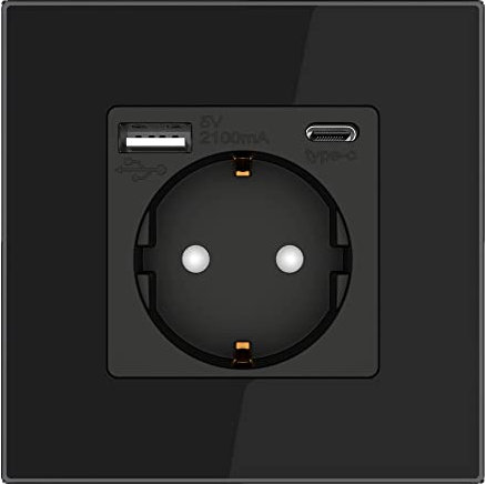 PULSAR Steckdose 1 Fach Glas Schwarz/USB-C, USB-A Anschlüsse/Steckdose Unterputz mit Kindersicherung Flache Wandsteckdose Einzelsteckdose 86x86mm