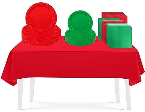 73PCS Christmas Red Green Party Tableware Decorations for Kids Xmas,Disposable Tableware Set Tablecloth Table Covers,7,9inch Paper Plates,Paper Napkins for Xmas Birthday Wedding Party Favor