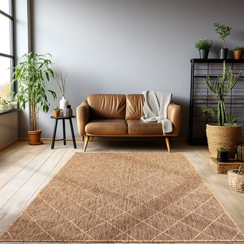 HomebyHome Outdoor Teppich Wetterfest 160x230 cm Sisal Optik Kupferfarbe Rauten Design Rechteckig - Balkon Teppich Wasserfest Küchenteppich Außenbereich Teppich für Terrasse Garten Balkon