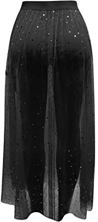 Damen Glitzer Rock Festival,Mesh Rock Damen Lang,Transparent Rock Damen Maxirock 2 In 1 Rock Lange Röcke Maxi Rock A Linie mit Pailletten Elastische Hohe Taille Clubwear Party Karneval Kostüm