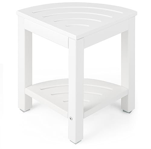 RELAX4LIFE Eck-Duschbank, HDPE-Duschhocker mit Ablage, Badezimmer-Fußstütze für Kleine Räume, Wasserdichter Duschhocker bis 150kg Belastbar, 2-stufiger Organizer für Innendusche, Weiß