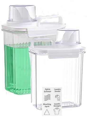 Waschmittelspender für Waschküche, Organisation und Aufbewahrung, 2000 ml, Flüssigwaschmittelspender mit 4 abnehmbaren Etiketten, BPA-frei und Haustier-Kunststoff, transparent, 2 Stück