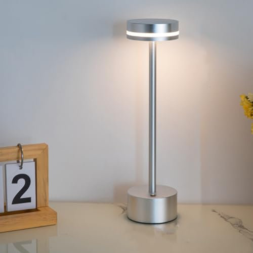 Upgraded Dimmable Table Lamp Cordless Bedside Desk Lamps with Touch Control,Battery Powered Nightstand Lamp Nursery Lights 3 Color Adjustable for Livingroom Bedroom Bar(12.6x3.15in Silver )