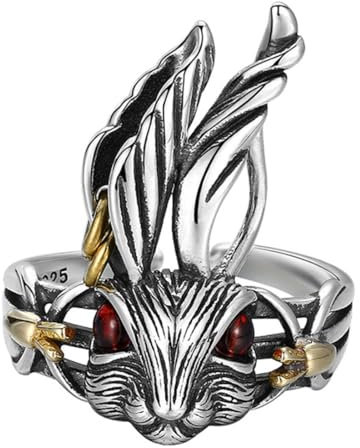 SCOCCA S925 Sterling Silber Gothic Kaninchen Ring Mit Diamanten, Verstellbar Gothic Zirkonia Ring Für Männer Und Frauen,Silber,11